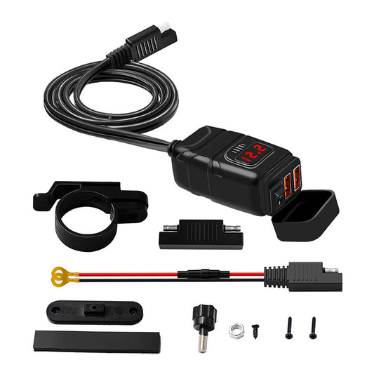 Dual USB Port Motorcycle Fast Charger Socket Suitable For Motorcycles - With LED Voltmeter Display & ON/OFF Switch