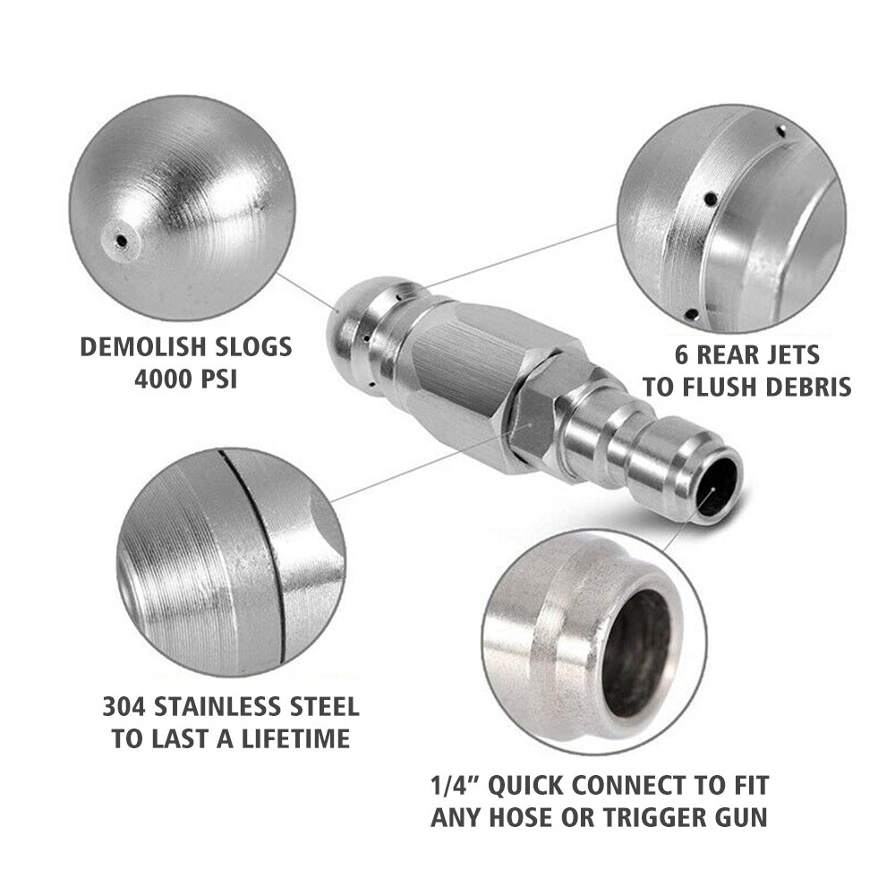Stainless Steel Sewer Jetter Nozzle For Pressure Washer Suitable For 1in or 4in Drain Connection