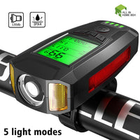 LED Bicycle Headlight with Horn and Speedometer USB-Rechargeable Front Bike Light Suitable For Bicycles
