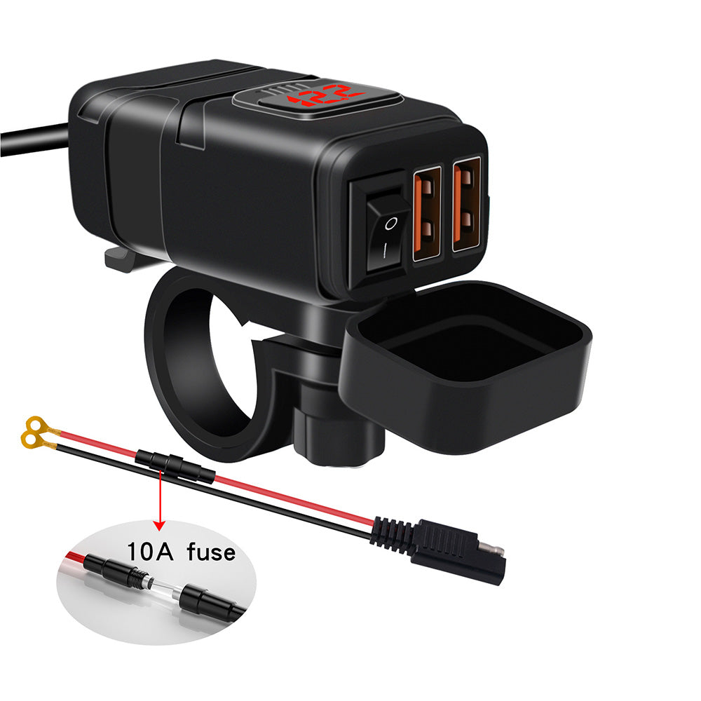 Dual USB Port Motorcycle Fast Charger Socket Suitable For Motorcycles ¡§C With LED Voltmeter Display & ON/OFF Switch