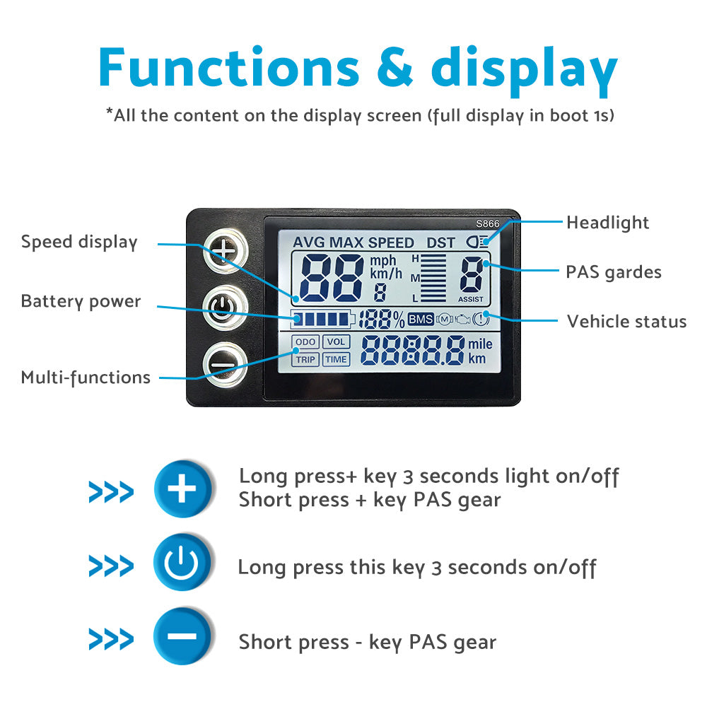 LCD Display Suitable For Electric Bike S866 24V/36V/48V ¡§C Waterproof Plug Fit For Ebike & Scooter
