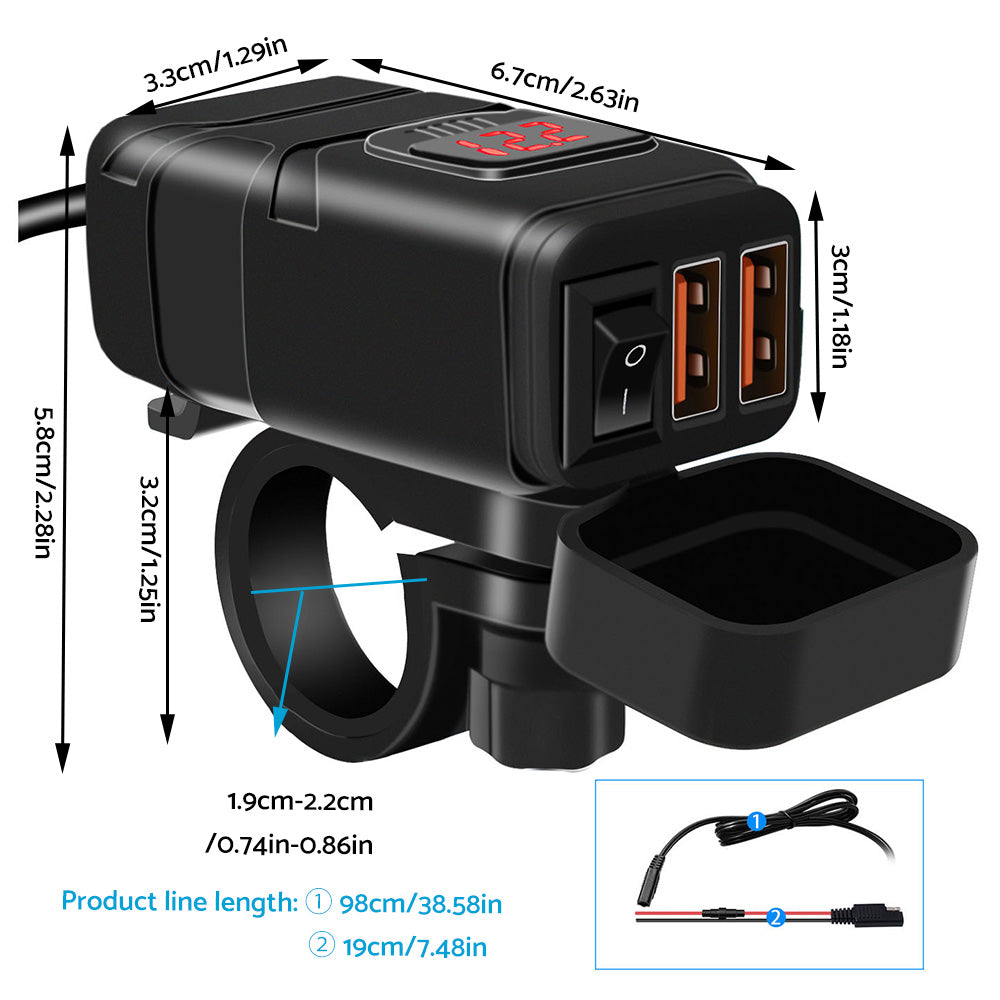 Dual USB Port Motorcycle Fast Charger Socket Suitable For Motorcycles ¡§C With LED Voltmeter Display & ON/OFF Switch