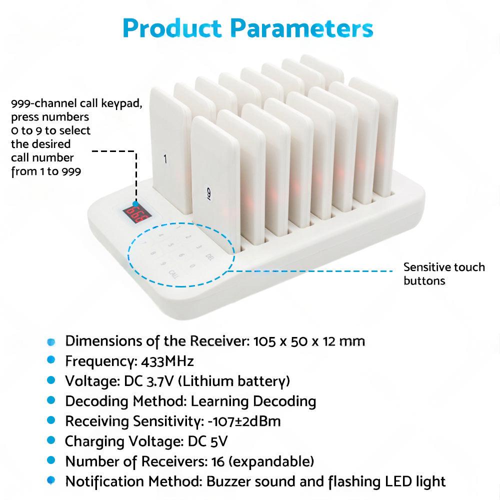 16-Channel Wireless Restaurant Pager System Suitable For Guest Calling & Queuing - AU