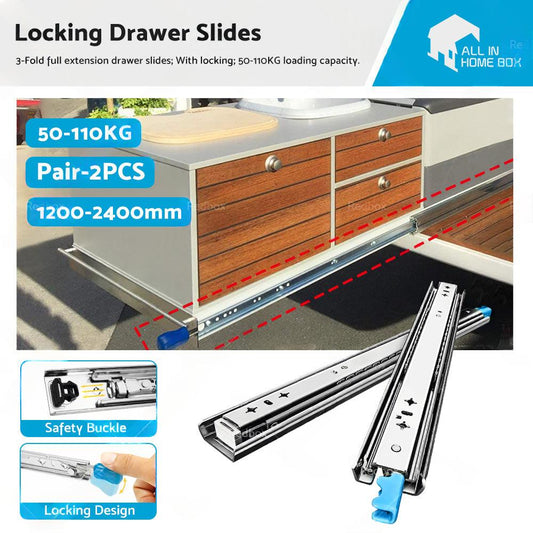 PAIR 90KG Loading Capacity Locking Drawer Slide Runner Trailer 800mm or 1600mm