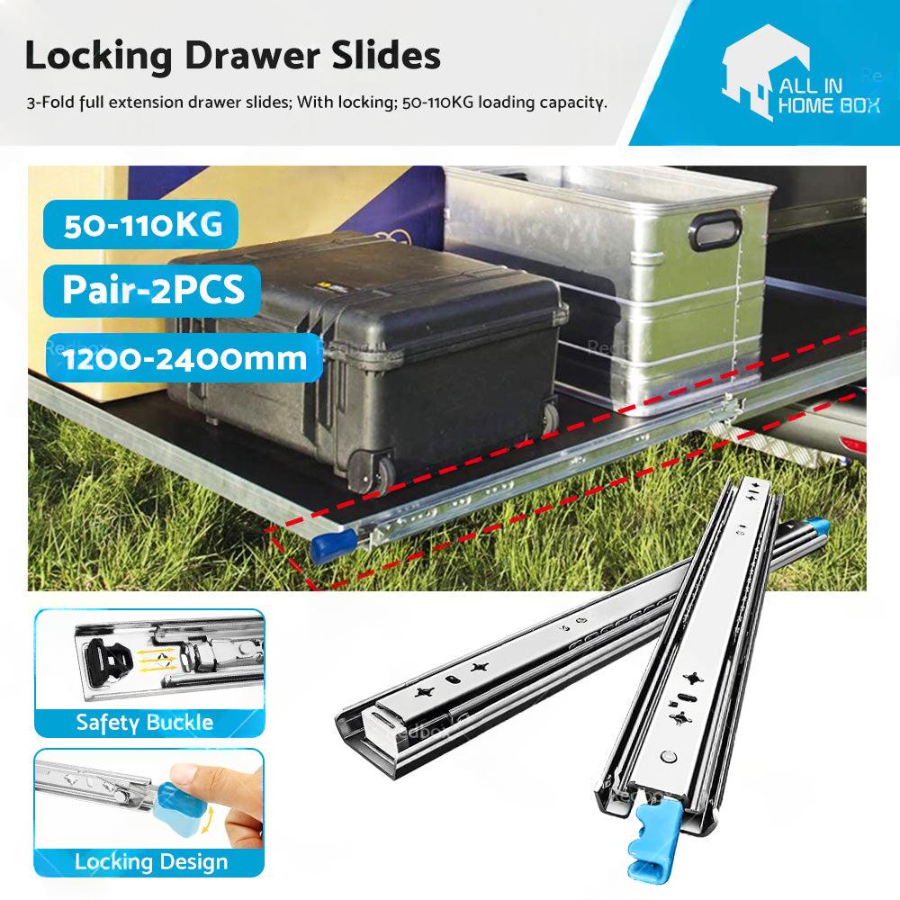 PAIR 90KG Loading Capacity Locking Drawer Slide Runner Trailer 800mm or 1600mm