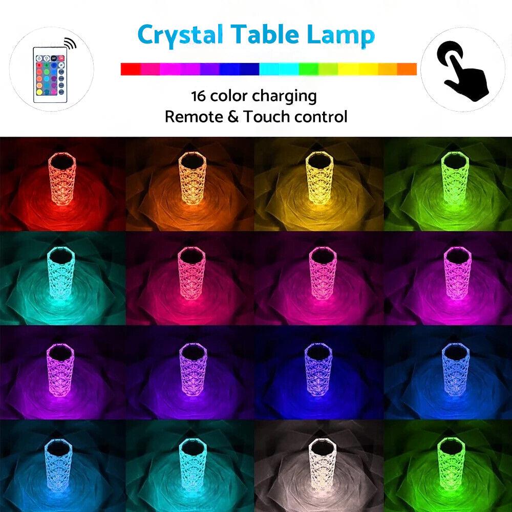 Crystal Table Lamp With Rose Diamond Touch LED Light Suitable For Universal Use, 3 or 16 Color, USB Powered