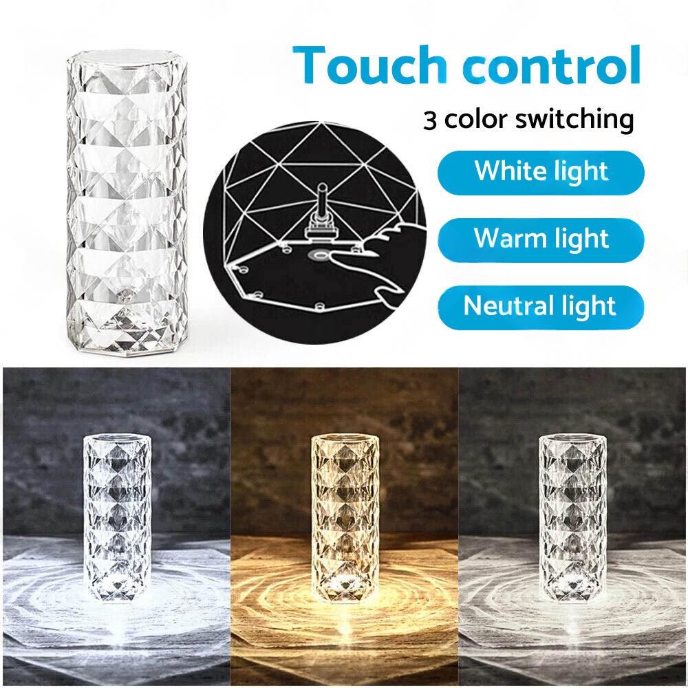 Crystal Table Lamp With Rose Diamond Touch LED Light Suitable For Universal Use, 3 or 16 Color, USB Powered