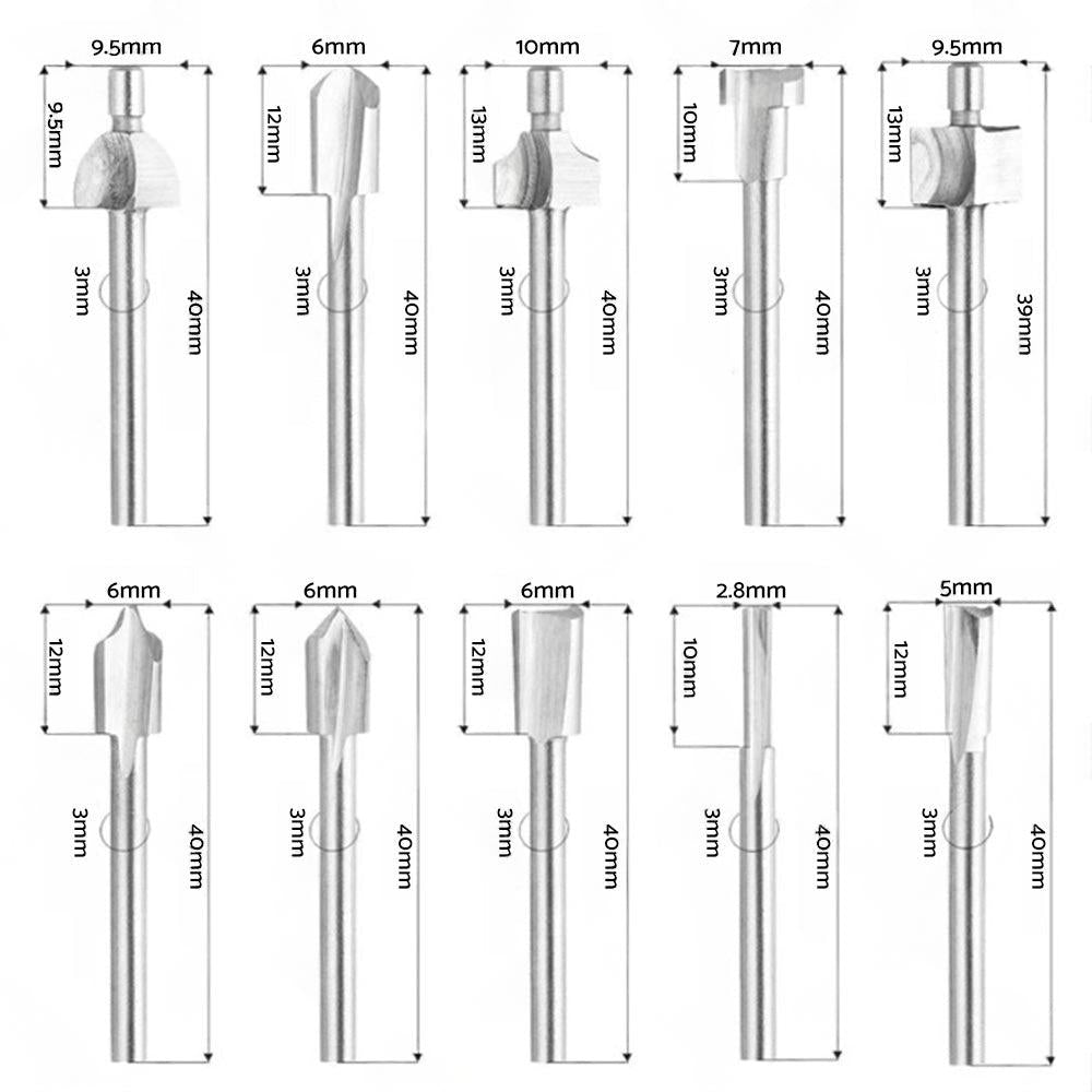 Set of 10 3mm Titanium Mini Hss Router Bit Trimmer Shank Electric Trimmer Tool