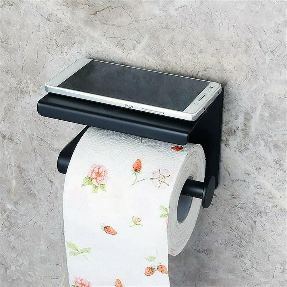 2x Stainless Steel Toilet Paper Roll Holder With Storage Hook & Phone Shelf for Bathroom