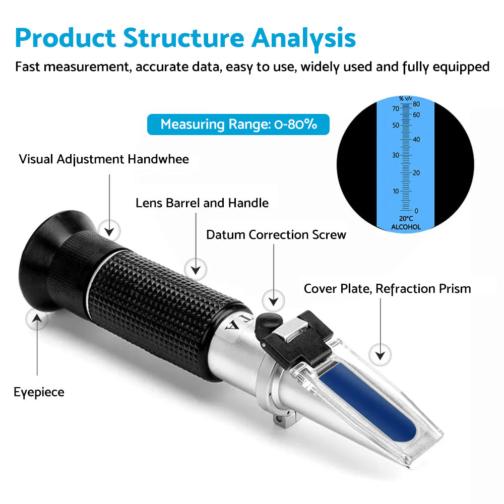 ATC Alcohol Refractometer Liquor Volume Percent Tester 0-80percent Measuring Range